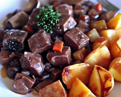Beef bourguignon roast potato and vegetables